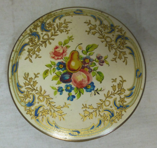 stratton Vintage Gold Tone Flowers & Fruits Pear Peach Plum Floral English Round Powder Compact/Makeup Mirror - Compact-In-Hand Logo 1950S