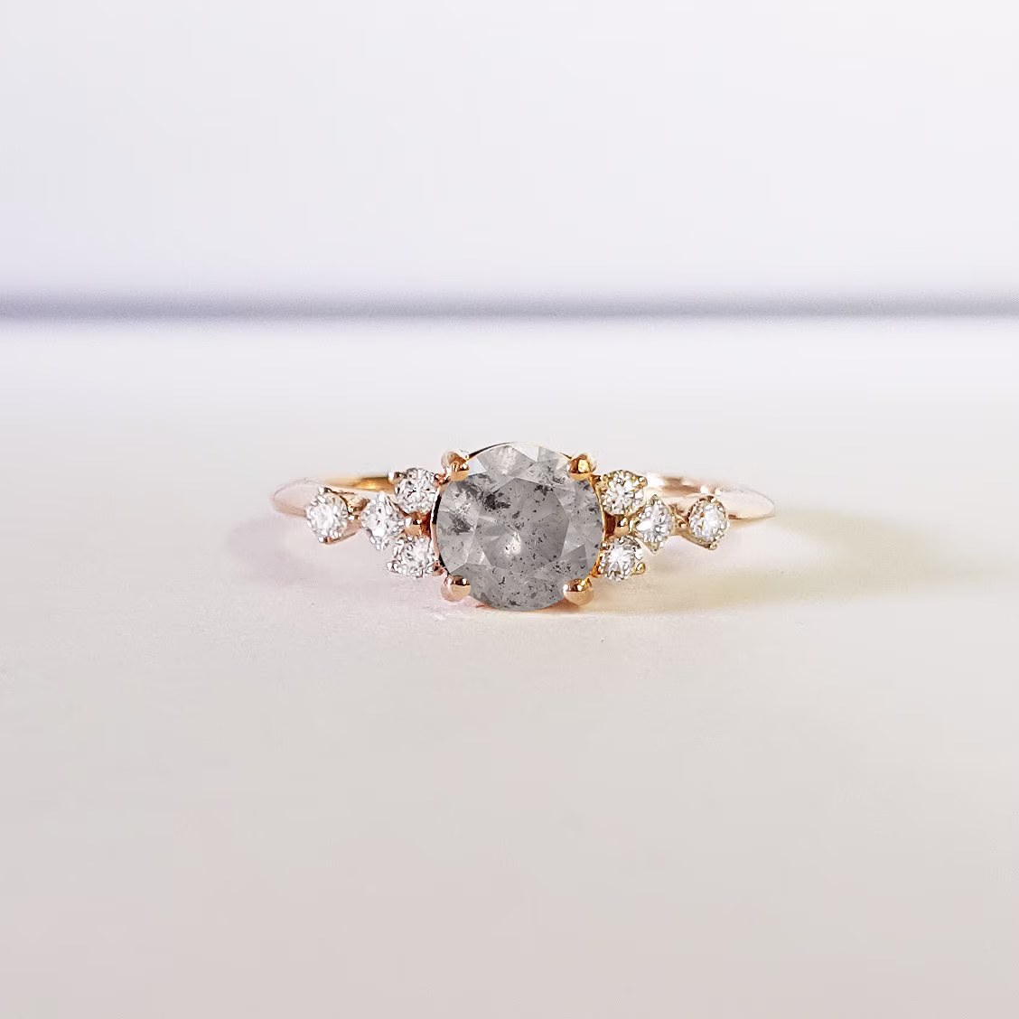 Salt & Pepper Diamond Engagement Ring Handmade in Yellow/White/Rose Gold Cluster Delicate Petite Thin Band