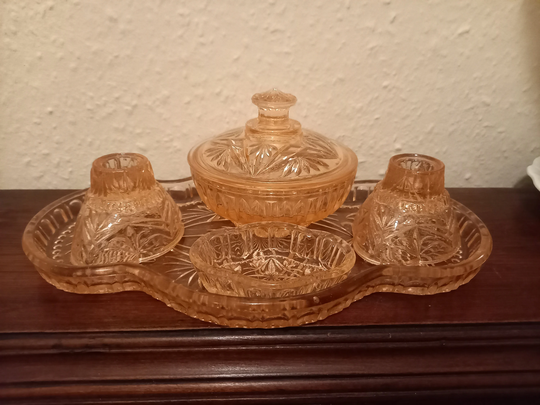 Vintage Powder Pink Art Deco Glass Vanity Set