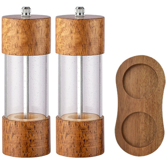 Premium Acrylic Salt and Pepper Grinder Set, Manual Salt and Pepper Mills- Wooden Shakers 6 inch two-piece set + base box