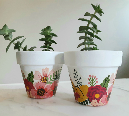 Set Of 2-Flower Bouquet Themed Clay Pots-4.5 Inch, Clay Pots, Planters, Terracotta Decoupage Pot