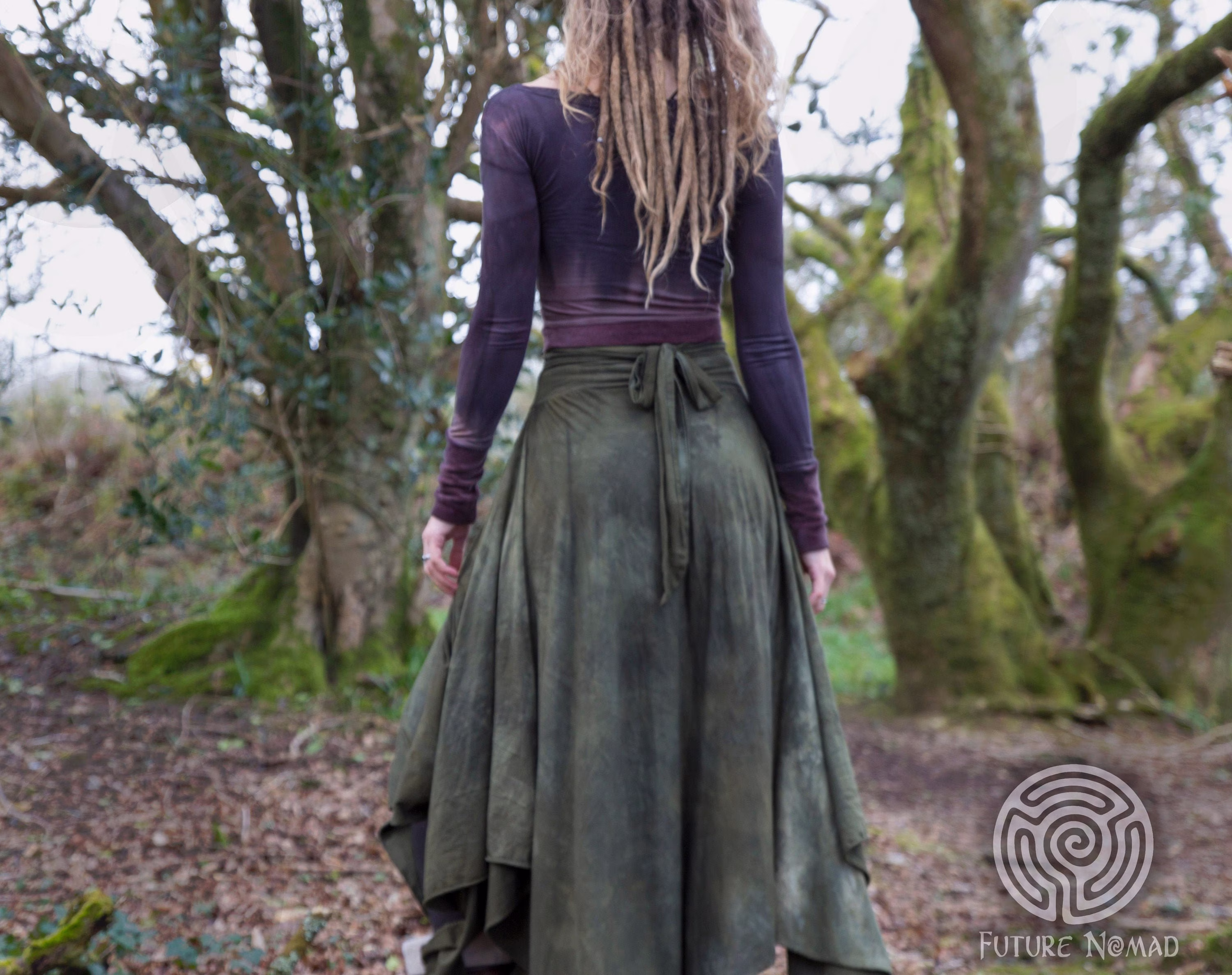 Mto Organic Druid Skirt No Pocket, High Waisted, Asymmetrical, Maxi, Sundress, Organic Bamboo Cotton Jersey, Handdyed, Slow Fashion, Eco