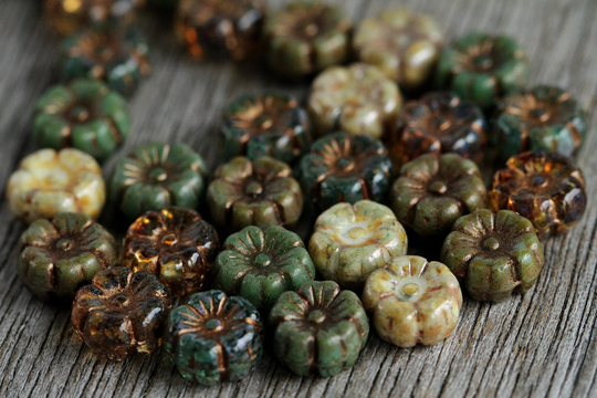 50 Rustic Picasso Bronze Washed Multicoloured Glass Hibiscus Flower Bead Mix4 9mm Czech Beads For Jewellery Making Flower