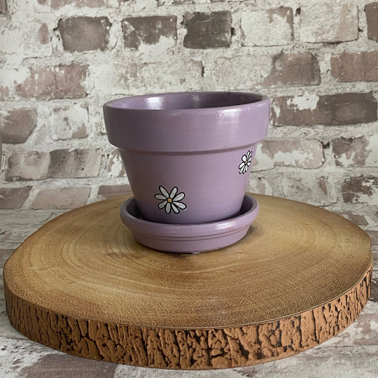 Hand Painted Terracotta Plant Pot With Saucer - in Lavender & Daisies