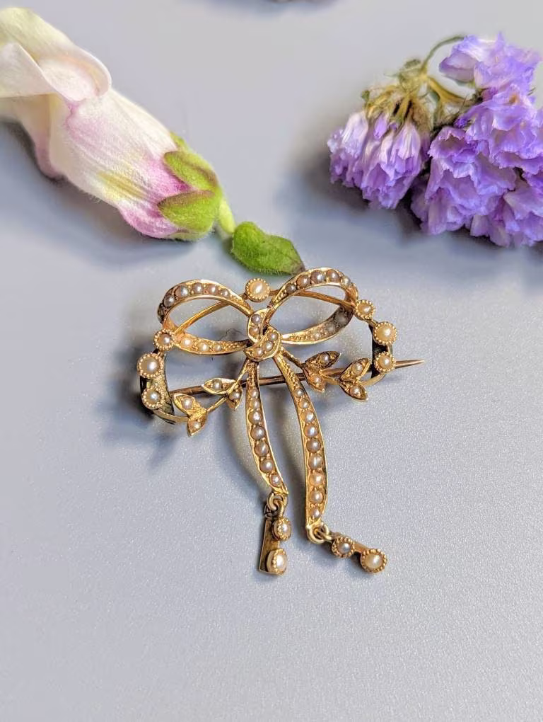 Antique Art Nouveau Seed Pearl Bow Foliate Brooch 14 Carat Gold