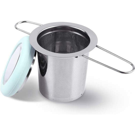 Tea Infuser Stainless Steel Tea Strainer Folding Handle Tea Strainer Extra Fine Mesh Strainer Brewing Basket with Lid for Loose Tea (Light Blue)