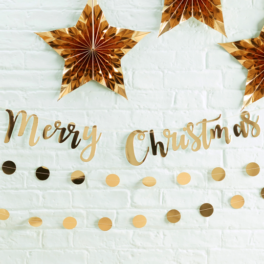 Gold Merry Christmas Bunting, Festive Garland, Decorations, Holiday Season Xmas Banner