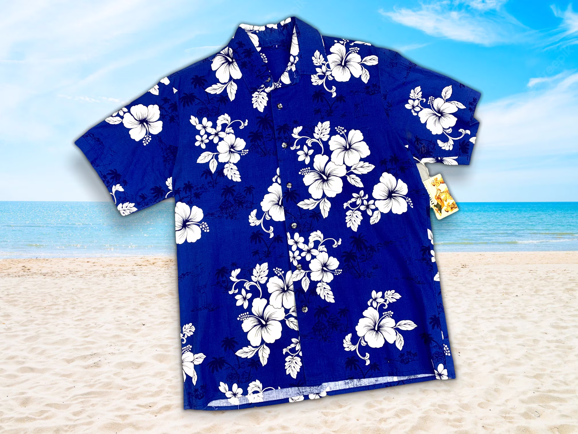 1980S Vintage Hawaiian Aloha Shirt, Island Style Blue & White Hibiscus Floral Pattern, Mens Size L 44
