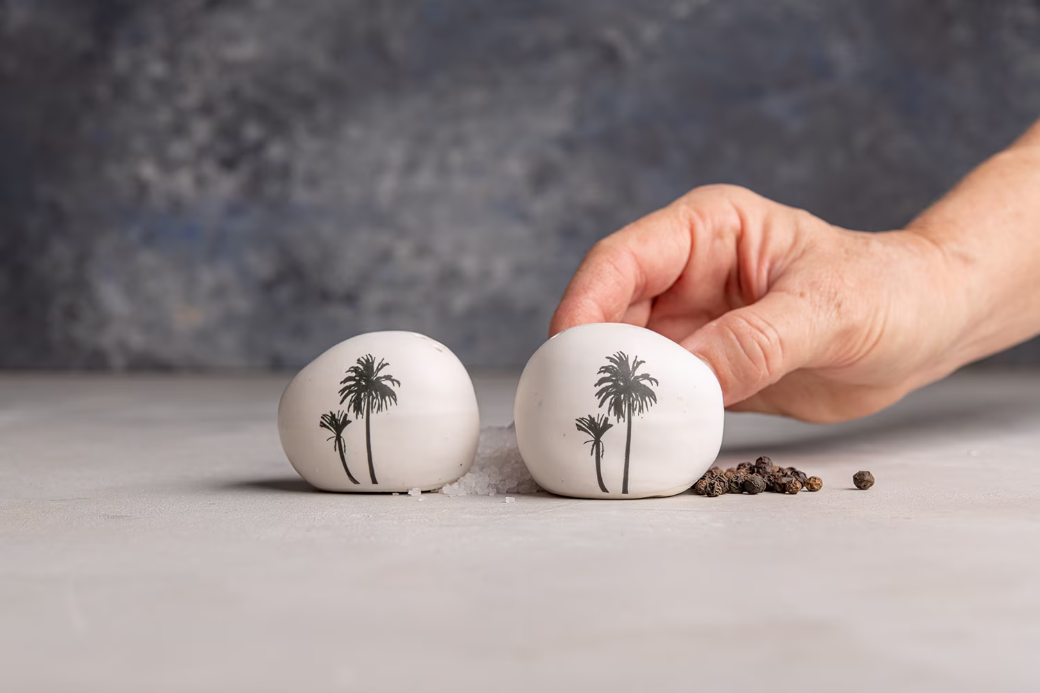 Handmade Ceramic Salt & Pepper Shakers, White Dishes With Tree Decals