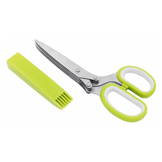 Perle Rare - Herb Scissors, 5-Blade Sharp Scissors for Chopping Herbs Suitable for Chives Cive Onion Garlic Vanilla with Cleaning Comb (1 Pack, Green)
