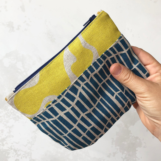 Small Zip Purse // Hand Printed Organic Zip Pouch Carry Blue & Yellow Coin
