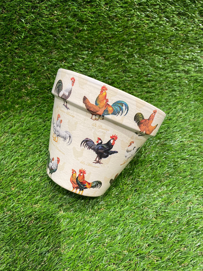 Chicken Plant Pot, Chicken Lover Gift, 15cm Decoupaged Terracotta Indoor Pot