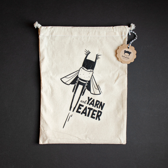 Cotton Bag Lalylala Superherumi Megamoth Evil Yarn Eater, Villain Moth Print On Organic Cotton, Storage For Crocheting & Knitting Projects