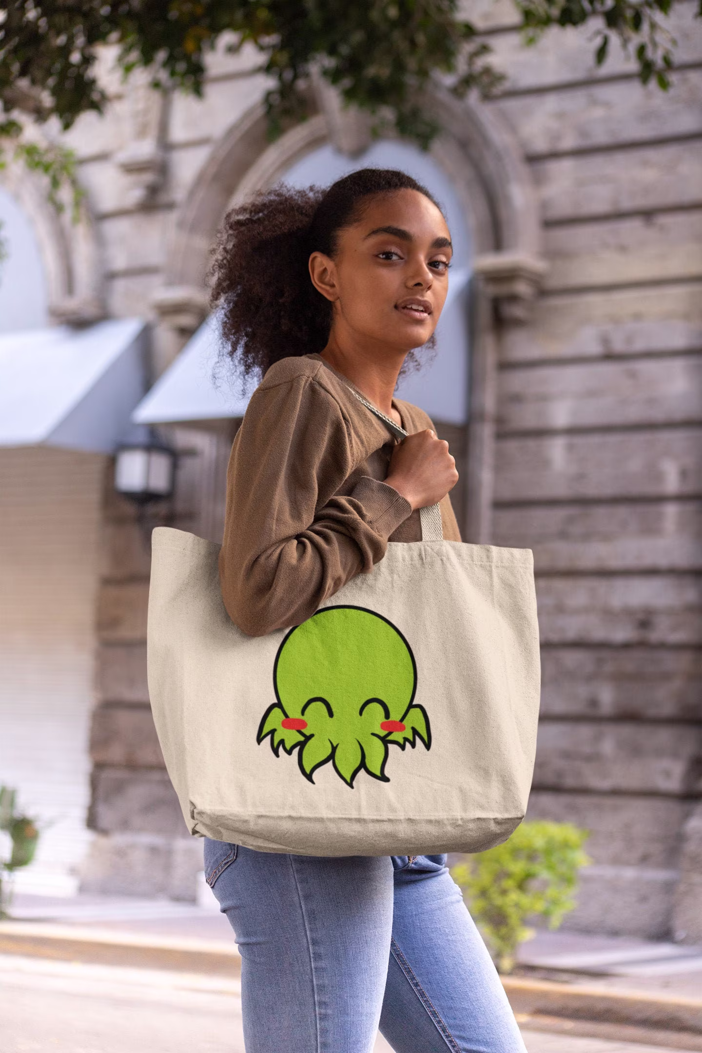 Large Organic Tote Bag | Happy Cthulhu