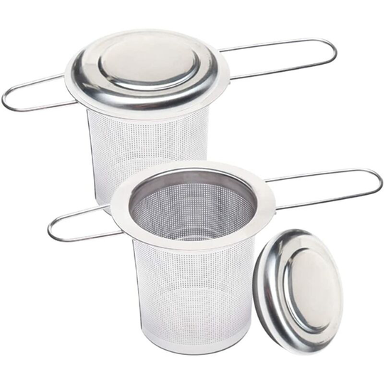Tea Strainer 2 Pieces Tea Infuser with Lid Stainless Steel Tea Drip Tray Fine Hole Tea Filter Tea Infuser Strainer with Foldable Handle for Teapots