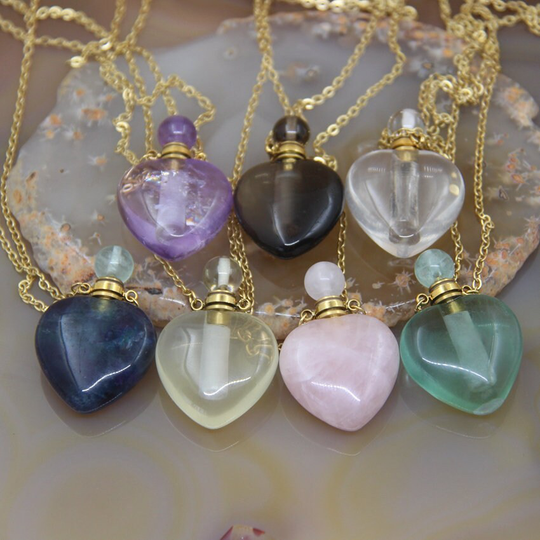 Heart Shape Amethyst Fluorite Perfume Bottle Pendants, Healing Chakra Crystal Rose/Smoky Quartz Essential Oil Diffuser Vial Charms Jewelry