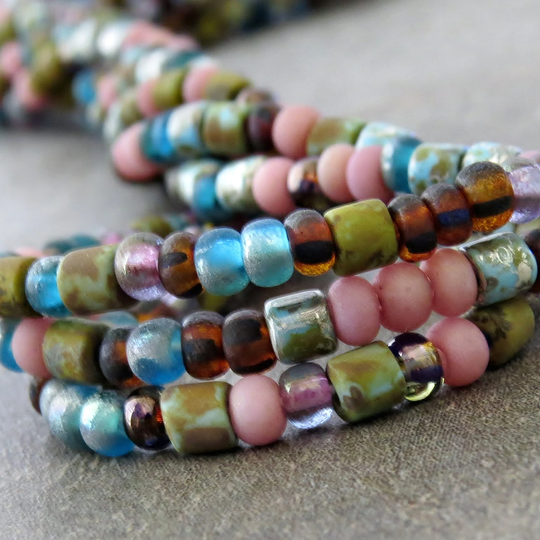 Matte Frivol 6/0 Picasso Seed Tube Czech Glass Bead Mix 10 Inch Strand 4mm Blue Pink