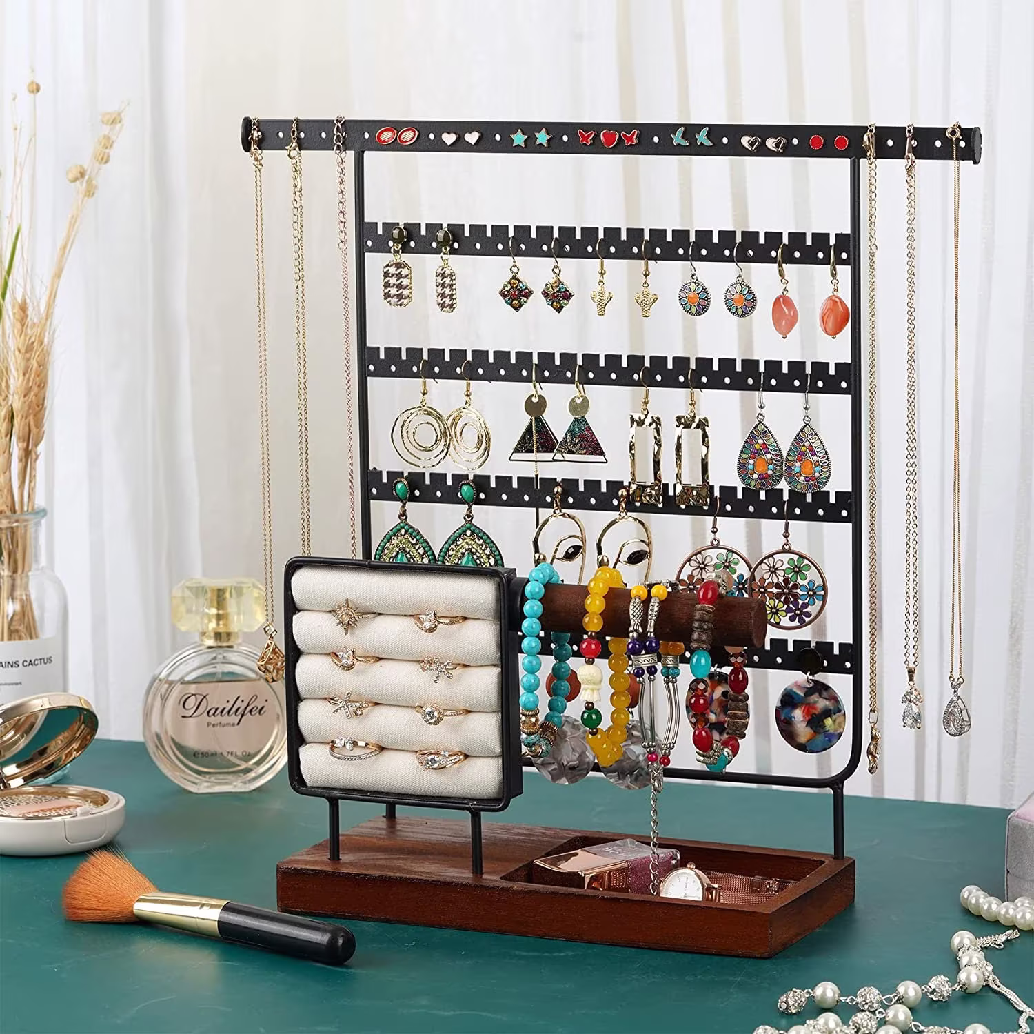 Multipurpose Jewelry Organizer Stand & Holder With 120 Holes For Earings - Dedicated Ring Box Wooden Bar Braclets Tray