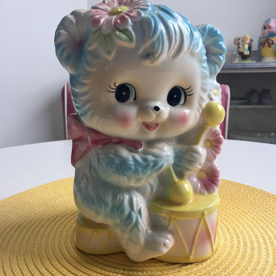 Rare Vintage 9 Inch Reuben's 3202 Big Eyed Bear With Drum Nursery Planter As-Is Retro Kitsch Baby Cute Mcm Anthropomorphic 1950S 1960S