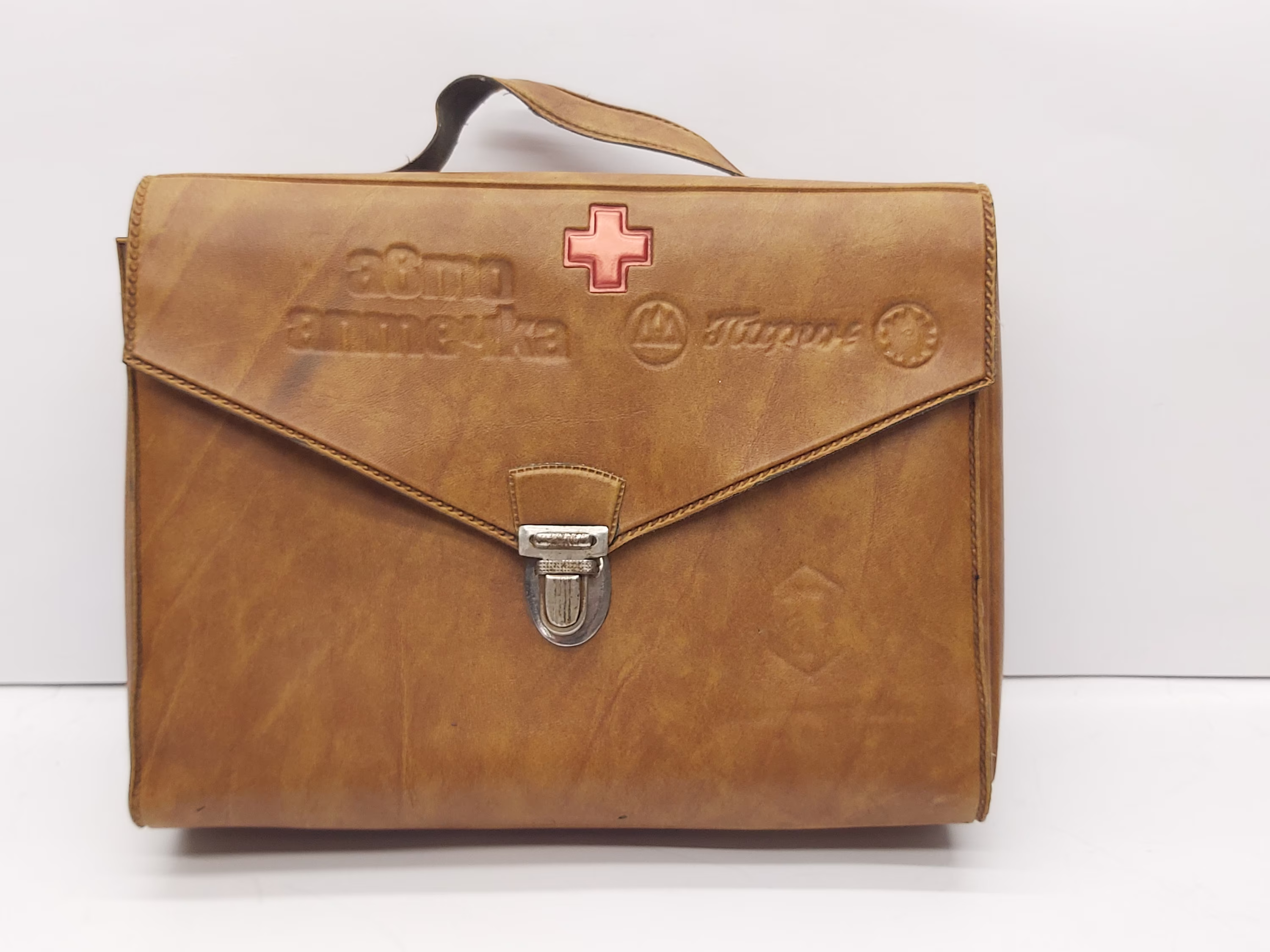 Vintage First Aid Car Kit - Medicine Box Red Cross Leather Medical Bag Emergency Chest Doctor Auto Suitcase