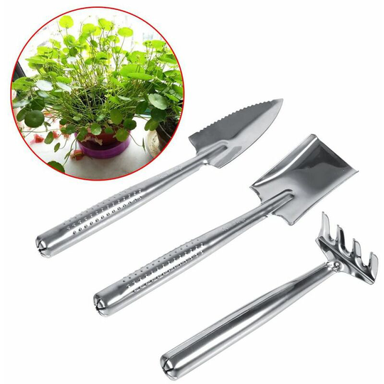 Devenirriche - Stainless Steel 3 Pcs Set Mini Gardening Plant Pot Tools Small Handheld Shovel Spade Rake for Succulent Cactus Herbs Indoor Miniature