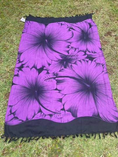 Hawaiian Purple & Black Hibiscus Wraparound Sarong Skirt