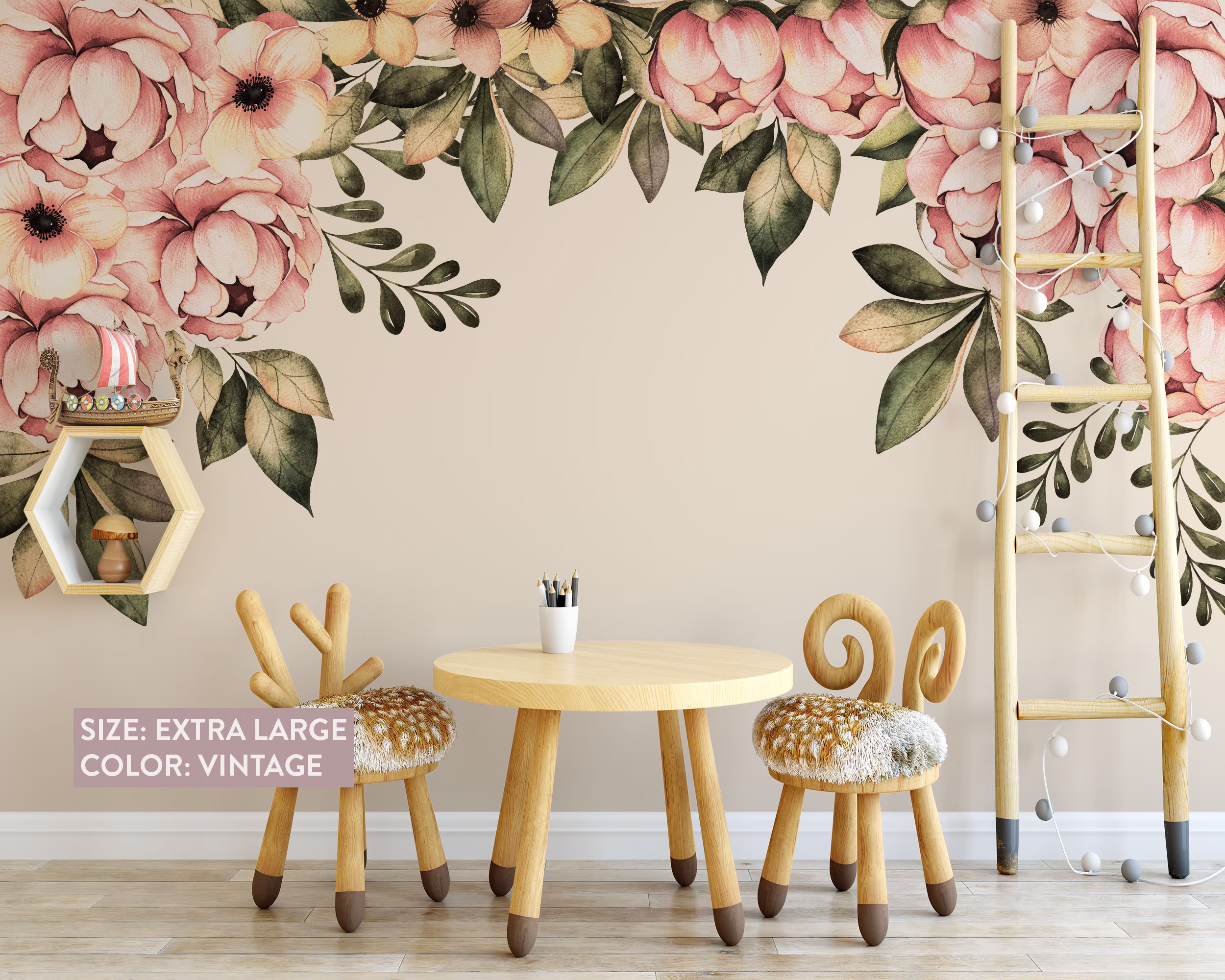 Peonies Pink Flowers, Girls Room Peony Floral Wall Decal, Home Decor Bedroom, Kids Watercolour Flowers Sticker Peel & Stick
