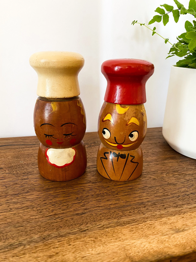 Vintage Wooden Hand Painted Salt & Pepper People Shakers