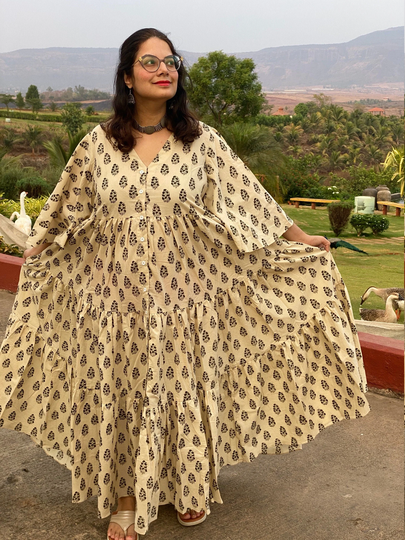 Organic Tiered Dress - Hand-Blocked Ivory Black Leafy Motif Front Buttoned Tier Dress Cotton Maxi