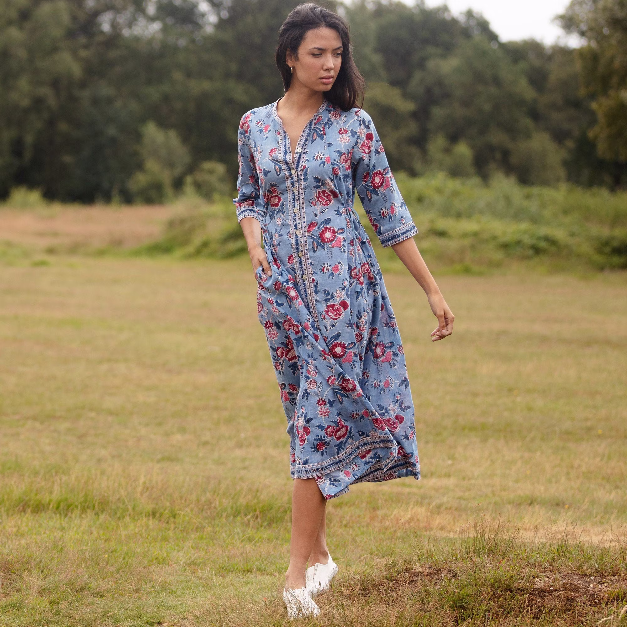 Rangoli Dress - Powder Blue With Pink Flowers 100% Cotton