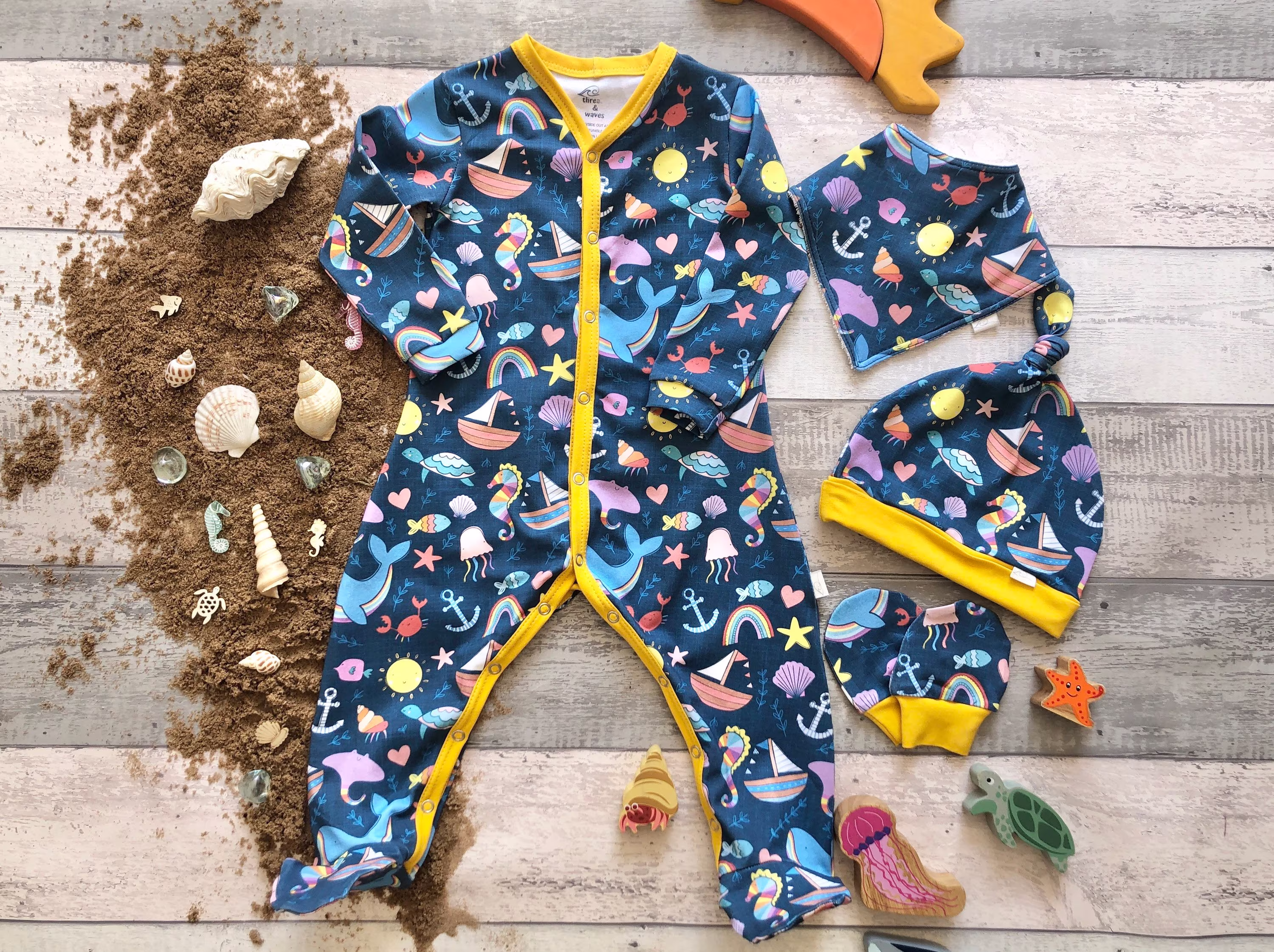 Organic Baby Giftset - Sleepsuit, Knot Hat, Scratch Mittens, Bib. Newborn Gift Set, New Baby