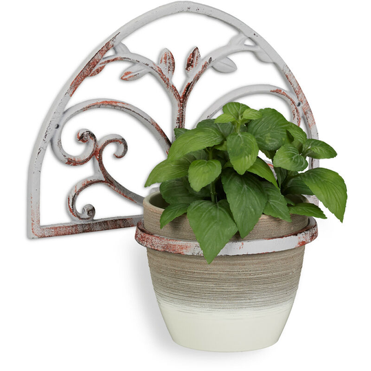 Wall Flower Rack, Cast Iron, Antique Shabby Look, Plant Pot Holder, Decorative, for Outside, ø 14.5 cm, White - Relaxdays