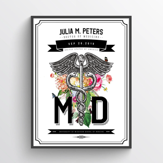 Personalized Md With Flowers Print, Doctor Of Medicine Gift, Graduation Gift Idea, Medical Student Gift Idea