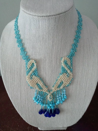 Cream Swans On Blue - Seed Bead Netted Necklace