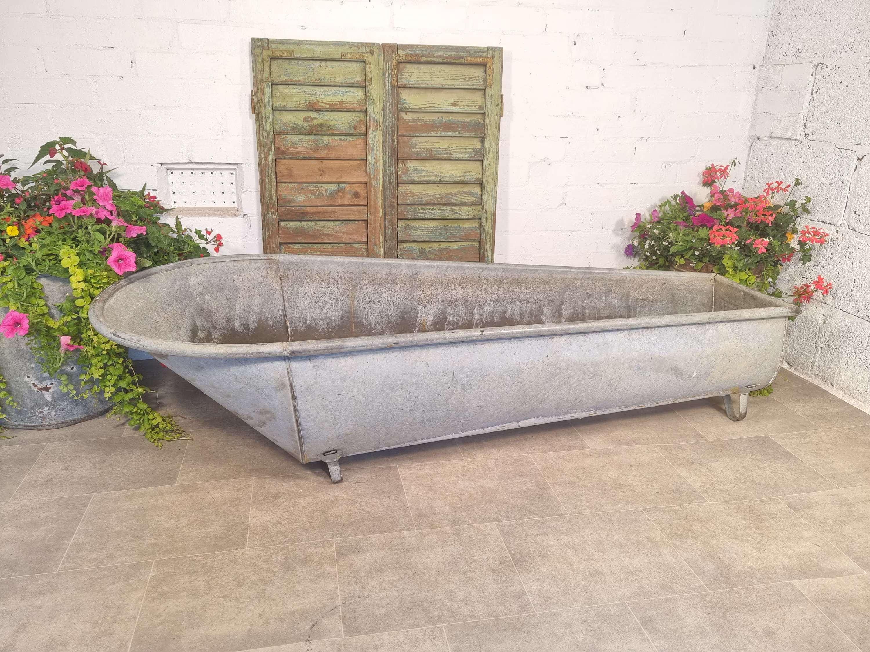 Large Vintage European Galvanised Zinc Trough Tin Bath Tub Garden Planter