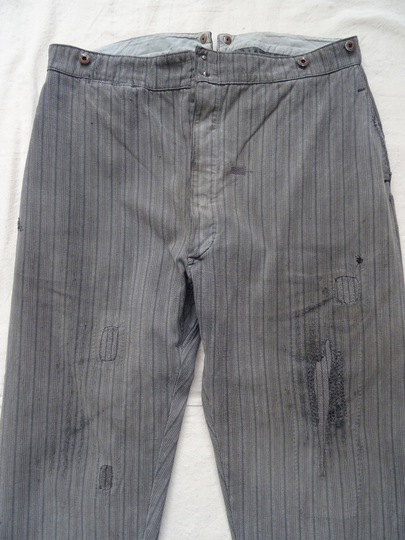 Vintage French Striped Chore Pants Workwear 1940S 40S Patched Darned Cotton Work Cinch V Back Trousers Salt & Pepper 38W 27.5L