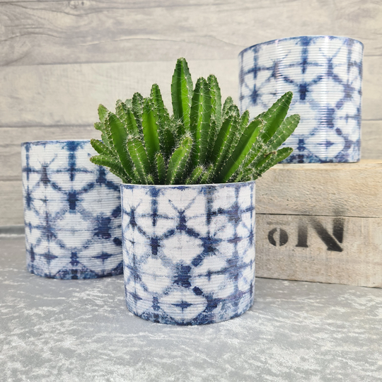 White & Blue Tie-Dye Ribbed Ceramic Planter - 3 Sizes Available