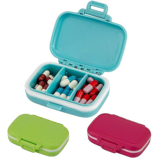 Portable pill box with 3 removable compartments for travel, small medicine carrying box with secure closure set of 3