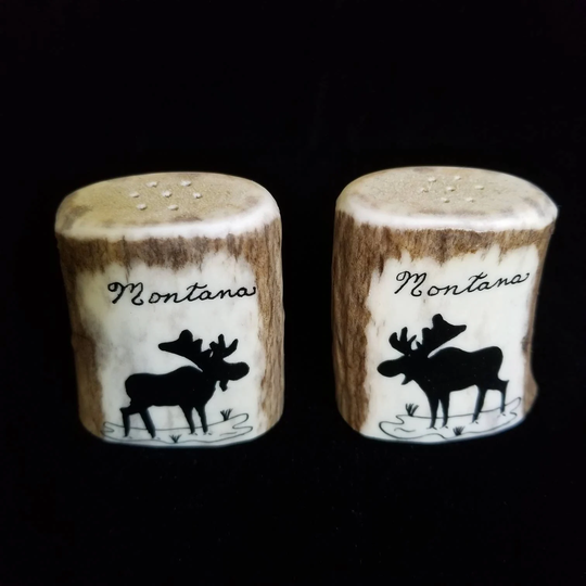 Vintage Montana Elk Horn Salt & Pepper Shakers With Moose Design