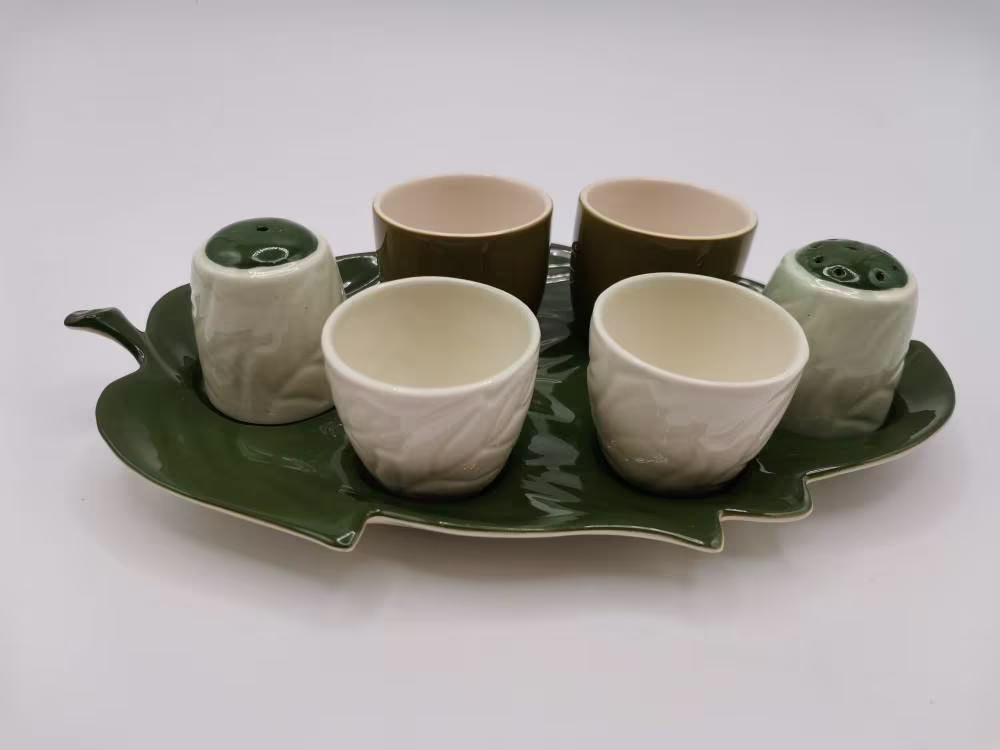 Lovely Carlton Ware Cruet, Breakfast Set, Leaf Design Green. Egg Cups, Salt & Pepper Pots, Mixed Lot On Tray. 1950S /60S