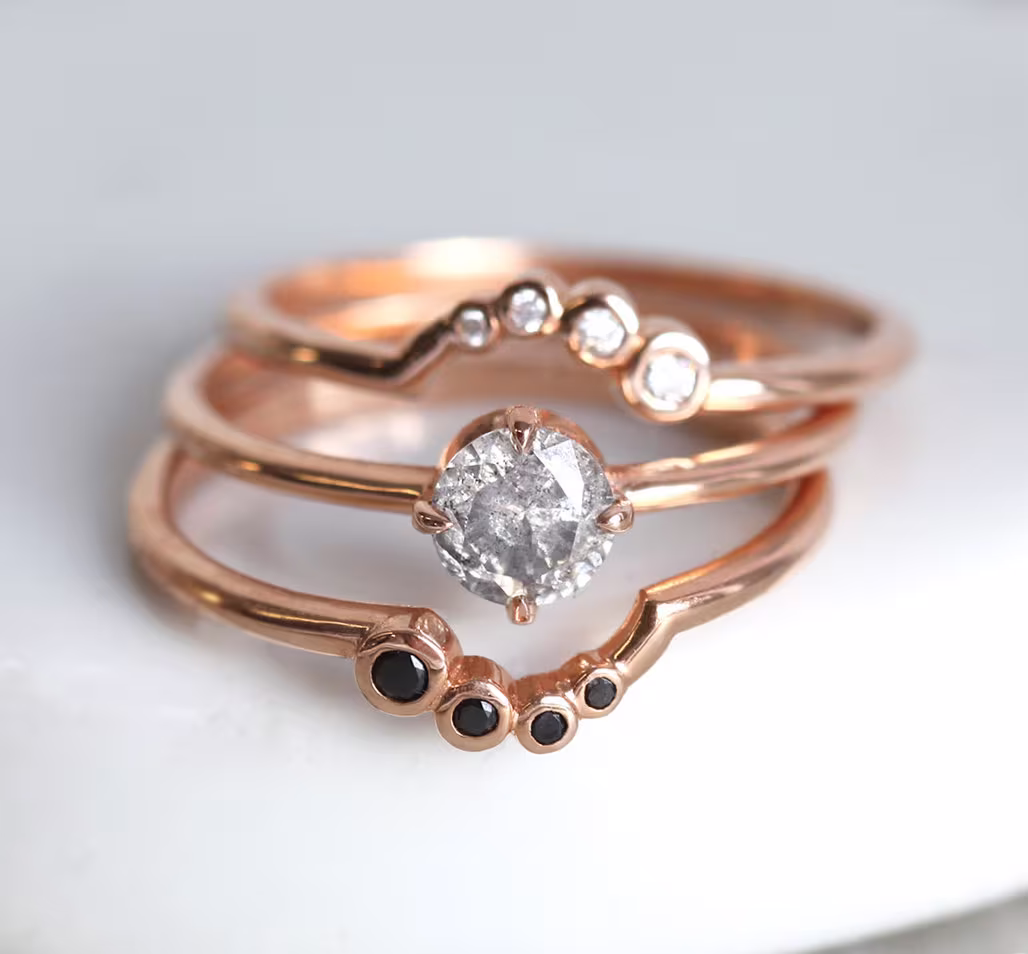 Salt & Pepper Diamond Engagement Ring Set, Rose Gold Alternative Wedding Set