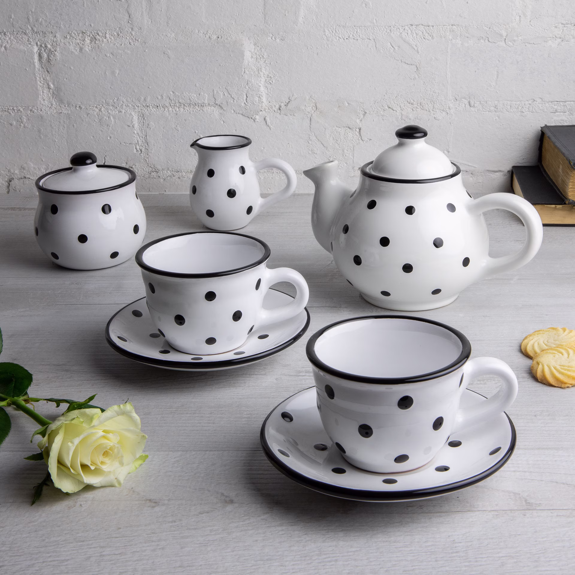 White Ceramic Tea Set, Handmade Teapot Set For Two, Teapot, Milk Jug, Sugar Bowl, 2 Teacups & Saucers, Black Polka Dot Pottery
