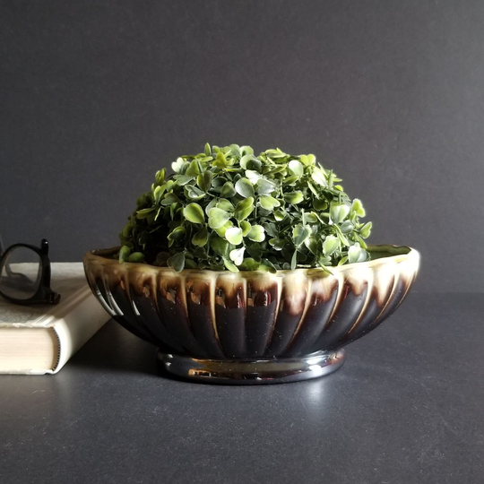 Oval Ceramic Planter W Grey Brown Drip Glaze - 4x8
