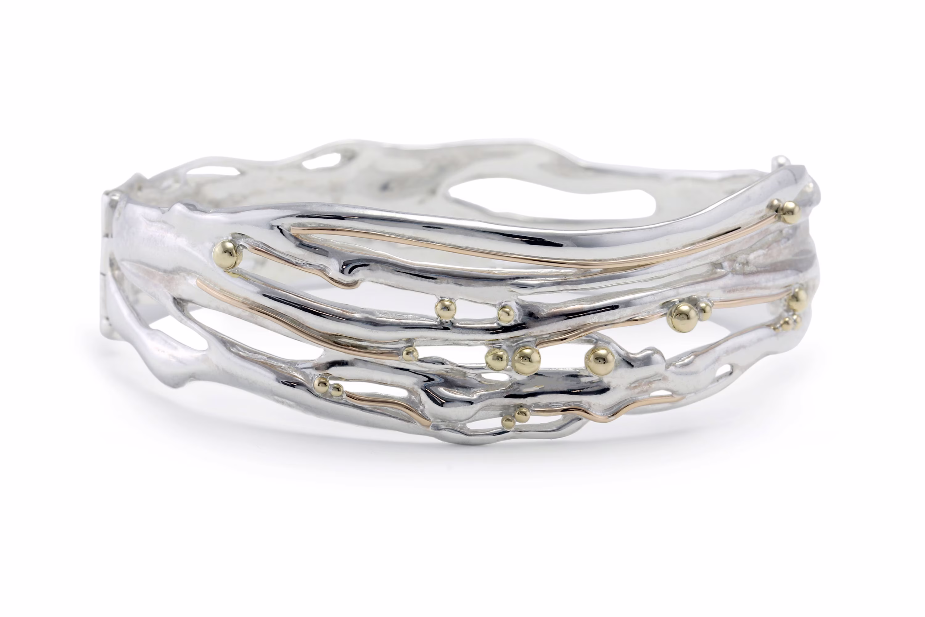 Hand Crafted Sterling Silver Organic Bangle With Delicate Gold Details
