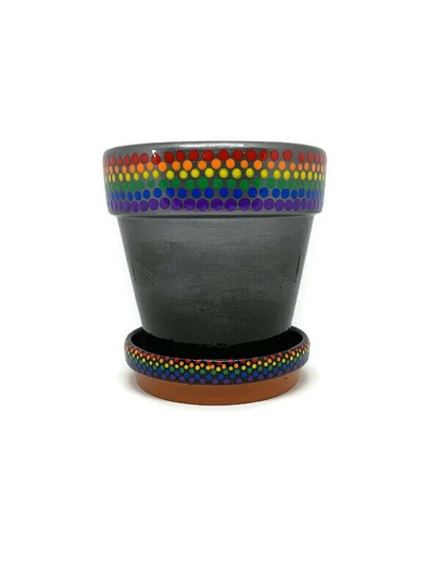 5 Inch Hand Painted Terra Cotta Planter With Matching Saucer, Metallic Black Ombre Rainbow Pride Rims