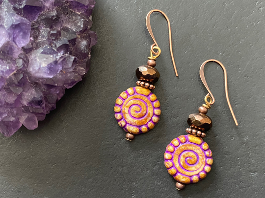 Czech Glass Earrings, Decorative Spiral Bohemian Beads