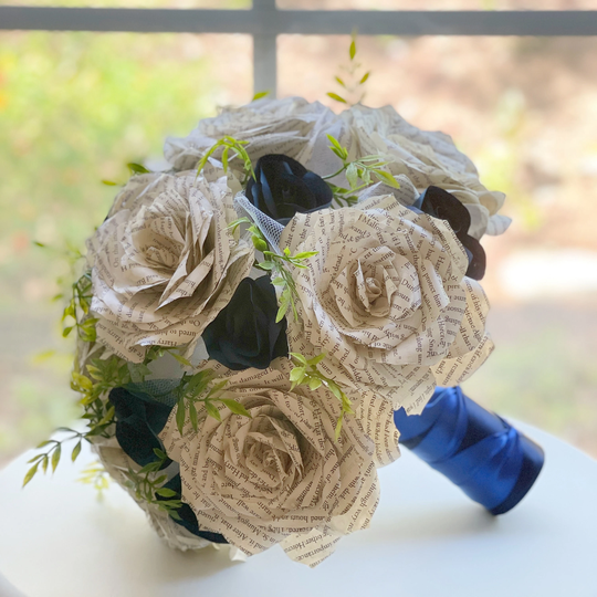 Book Page Paper Bridal Bouquet - Colors Can Be Customized Bridesmaid Navy Blue Wedding
