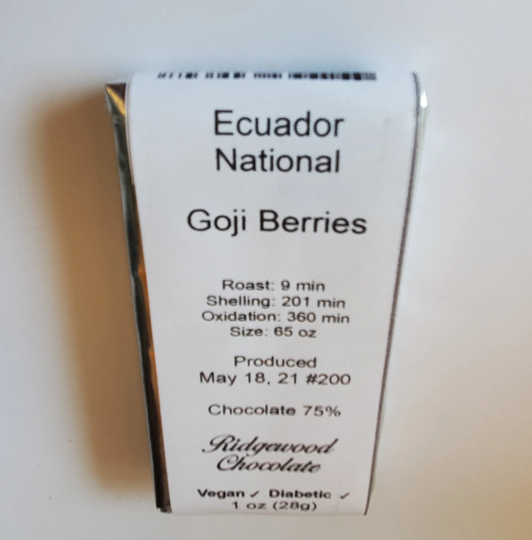 Ecuador Goji Berry. Amazing Roasted Hand-Shelled Chocolate. Diet Friendly. Diabetes & Vegan Okay. Clean Finish