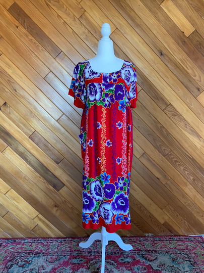 80S Red & Purple Hibiscus Print Caftan