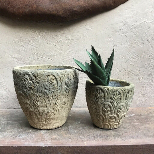 Rustic Safari Floral Etched Concrete Stone Plant Pot Cover Planter, Embossed Indoor Flower Planter Large Small